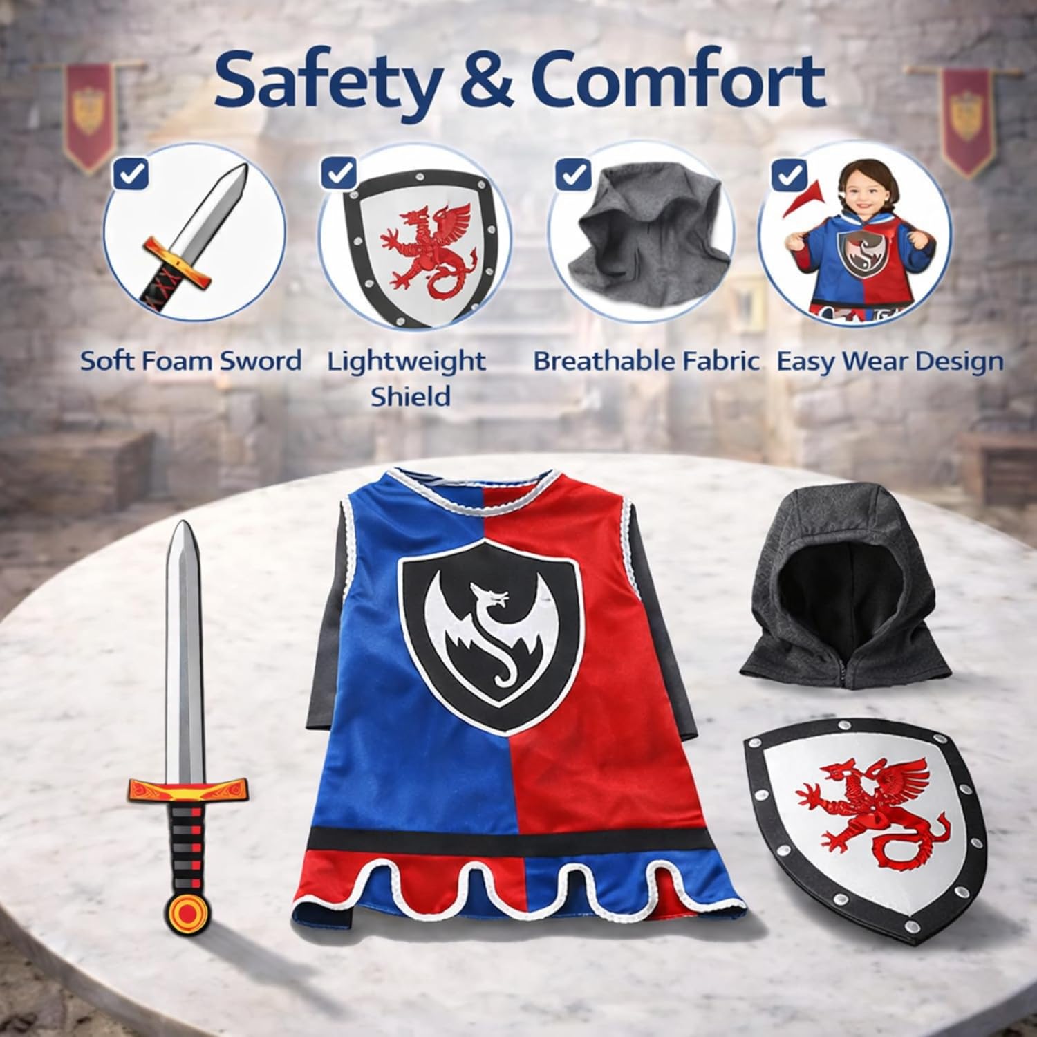 Liberty Imports Kids Knight Costume Dress Up Set with Hood and Cloak, Soft Foam Sword and Shield Medieval Pretend Play Armor Outfit Kids, Dragon Knight Outfit for Dress Up