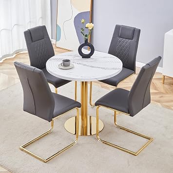 Small Dining Table Set for 4, 31 Round Kitchen Table Set for 4, 5 PCS Faux Marble Dining Room Table Set with Gold Legs, Modern Recessed Circular Wave Top Table for Dining Room Kitchen