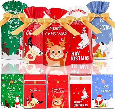 DLY 50 Pcs Christmas Candy Bag Treat Bags Candy Goodies Plastic Drawstring Gift Bags Merry Christmas Treat Bags for Birthday Party Snack