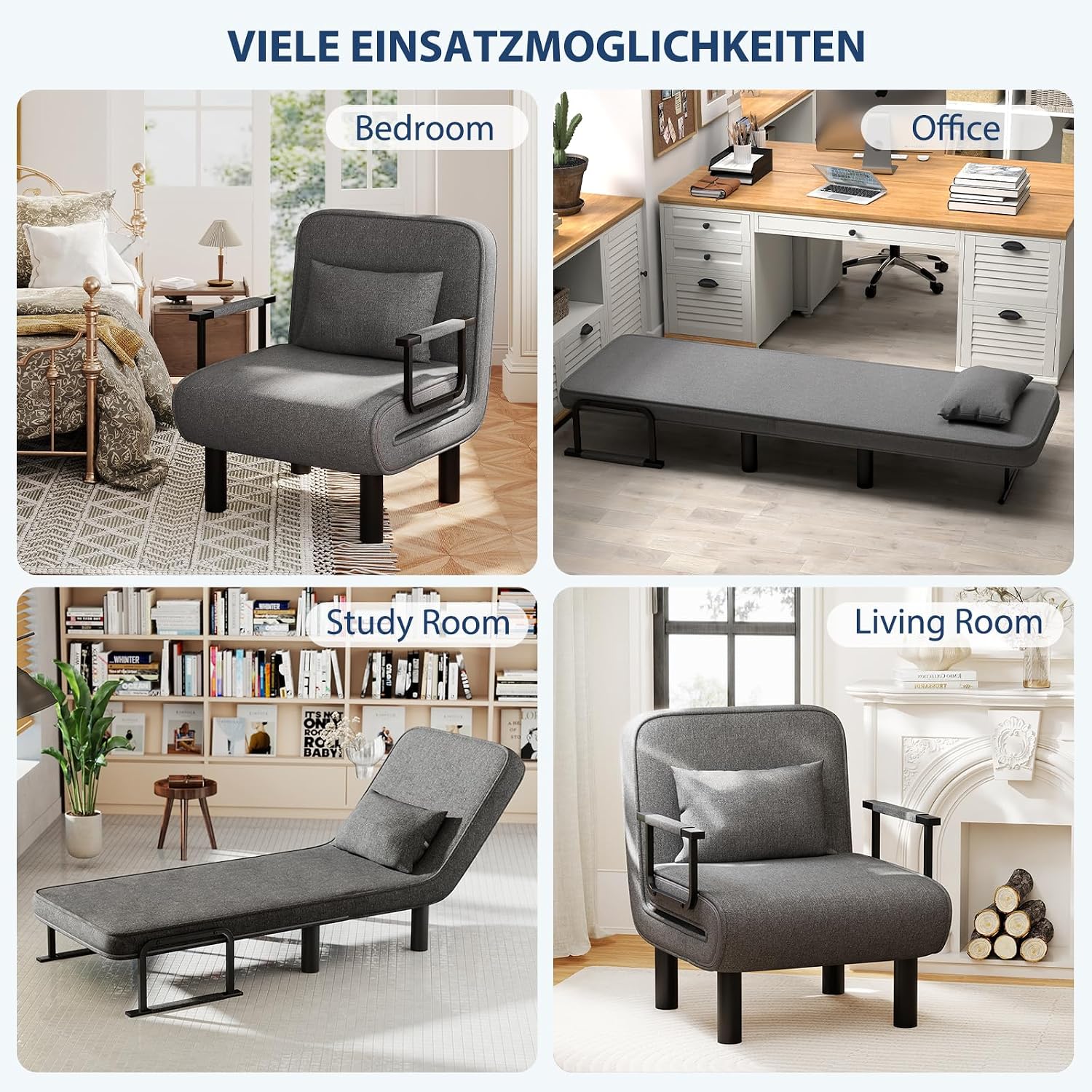 Furniliving 4 in 1 Folding Sofa Bed Chair, Convertible Sleeper Chair Bed with 6-Position Adjustable Backrest, Upholstered Chaise Lounge with Pillow, Accent Chairs for Bedroom/Office, Linen, Darkgrey