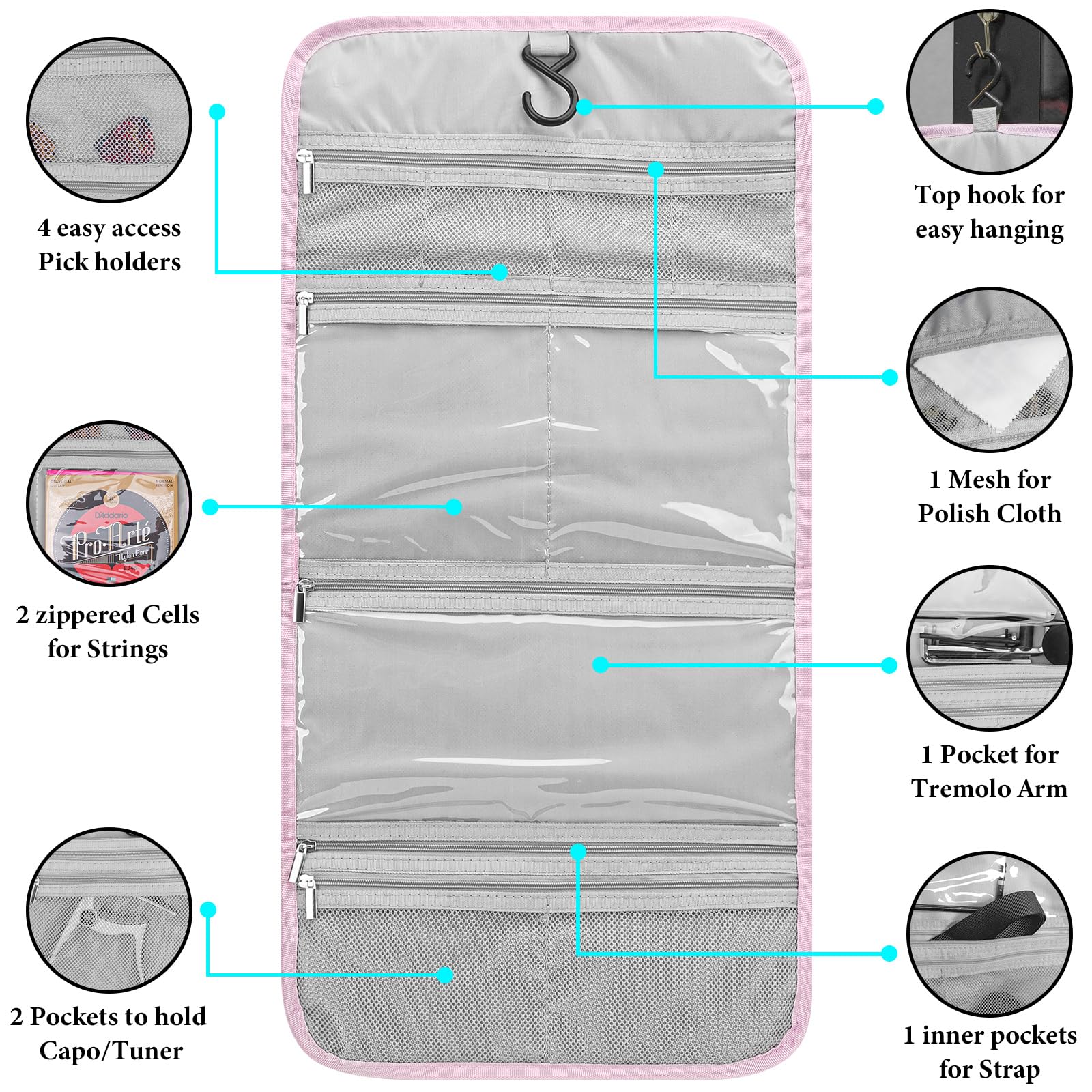 GEEKRIA Portable Guitar Accessories Storage Bag, Foldable Easy Access Pockets Case, Picks Parts Holder Bag (Pink Marble) - Image 4