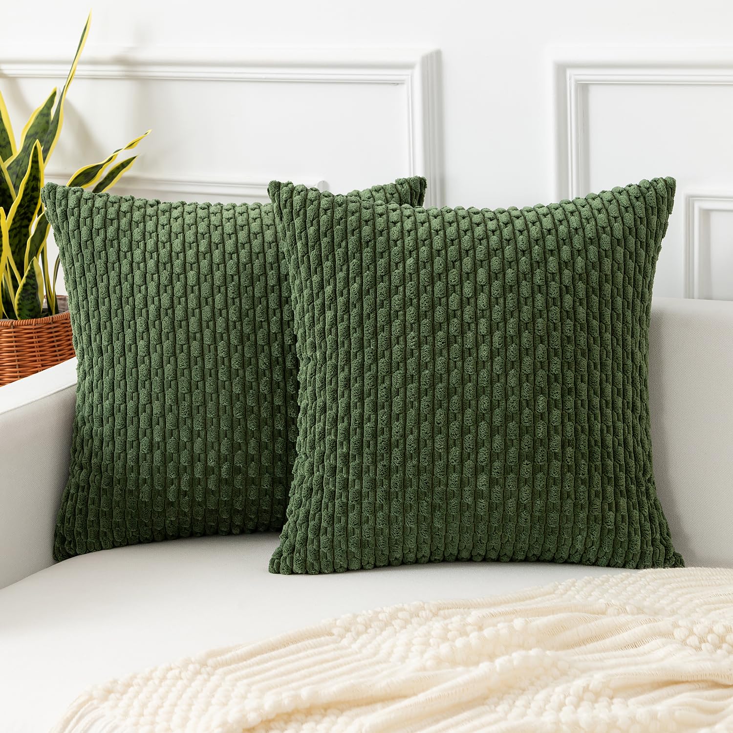 Kevin Textile Spring Boho Cushion Covers 45 x 45 cm Set of 2 Soft Striped Corduroy Decorative Square Cushions Covers 18x18 Inch Pillowcases Invisible Zipper for Chair Couch Sofa Bedroom, Moss Green โ image 1