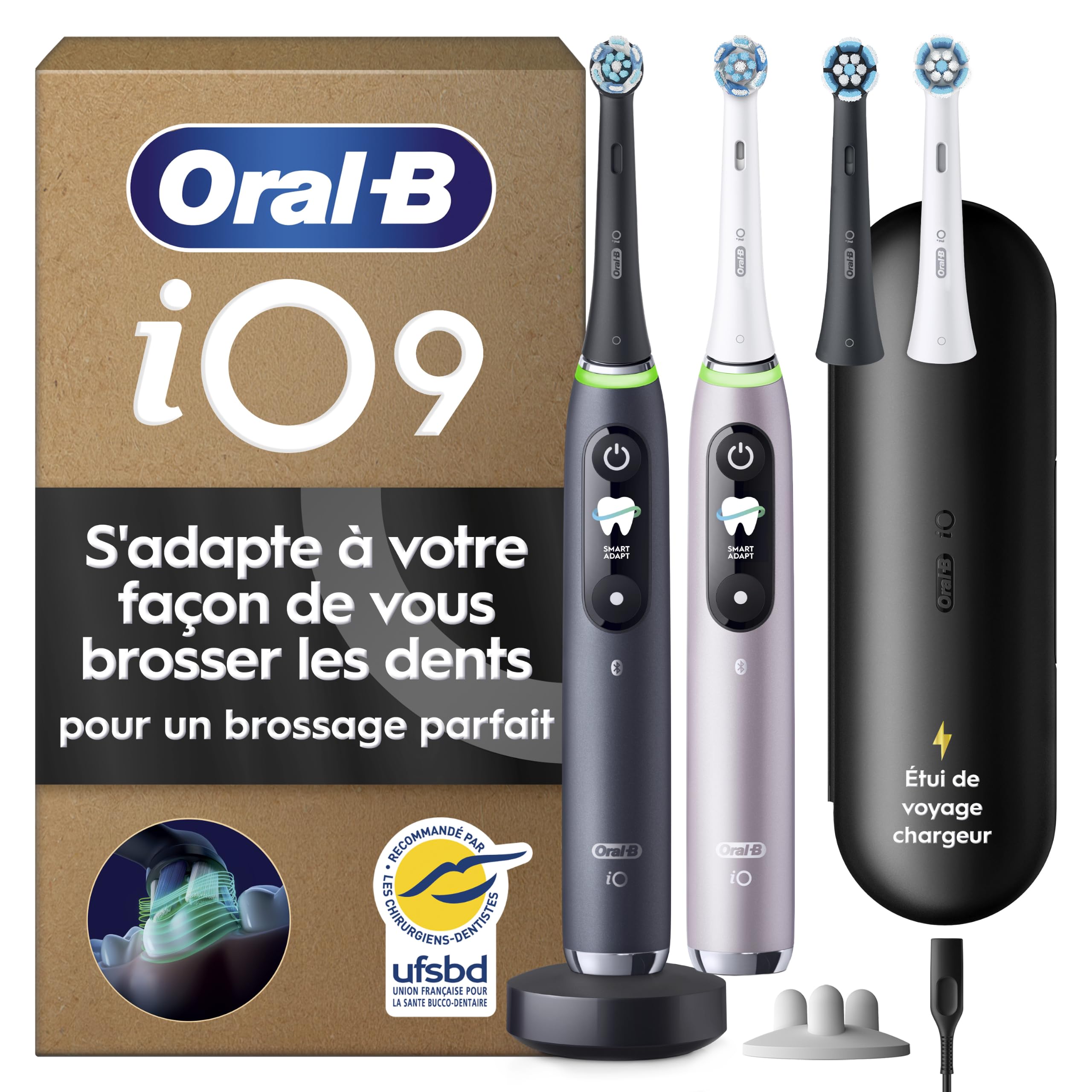 Oral-B Brosses à Dents Electriques iO 9 Duo, 4 Brossettes, Noire et Rose | 7 Modes de Brossage dont Blancheur, Soin Gencives, Charge Rapide de la Batterie, Capteur de Pression, Etui