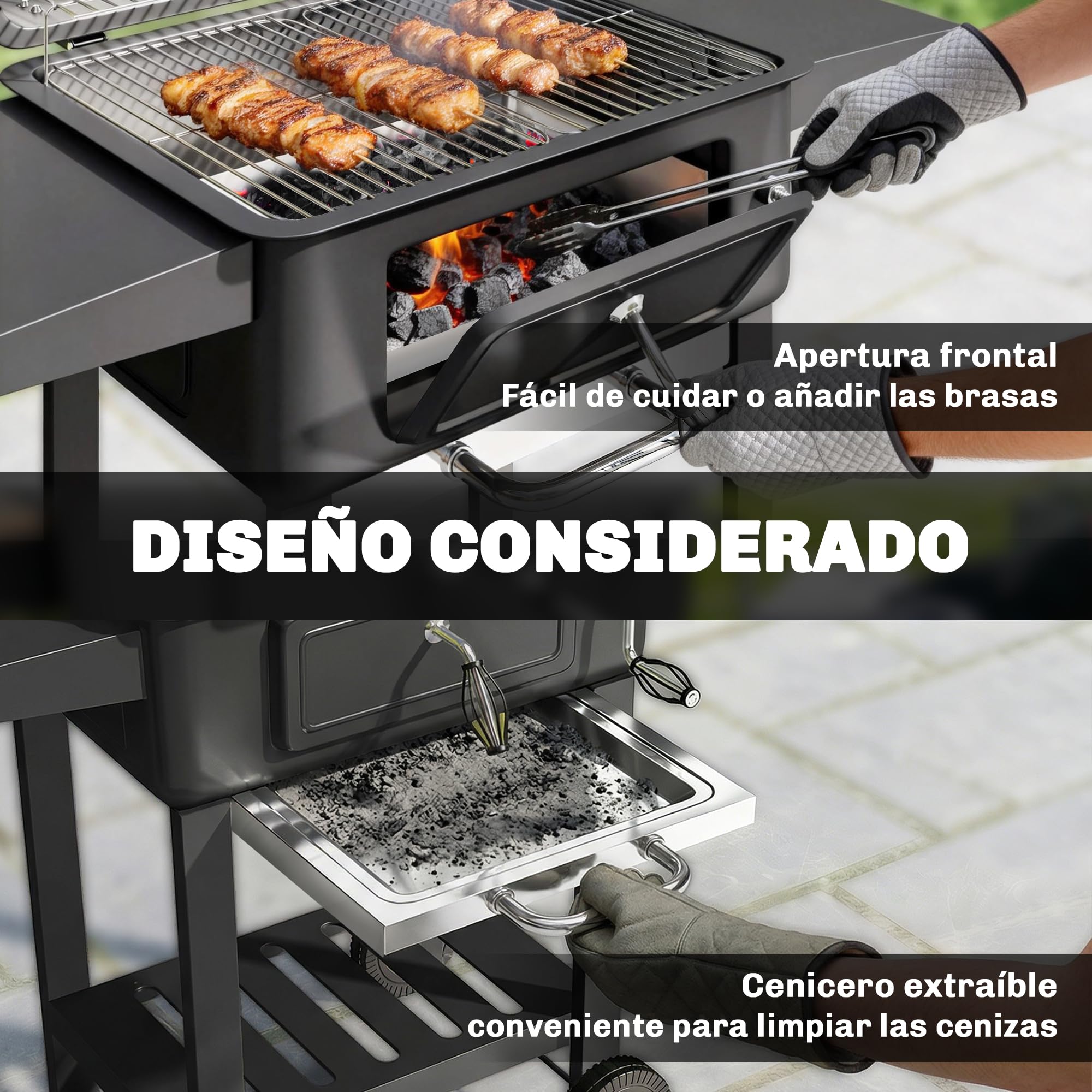 Outsunny Barbacoa de Carbón Portátil, Barbacoa de Carbón Móvil con Bandeja y Ventilación Ajustable, Estantes Laterales, Termómetro, Tapa, Cajón de Cenizas, Ruedas, Puerta Frontal, Asa, Negro
