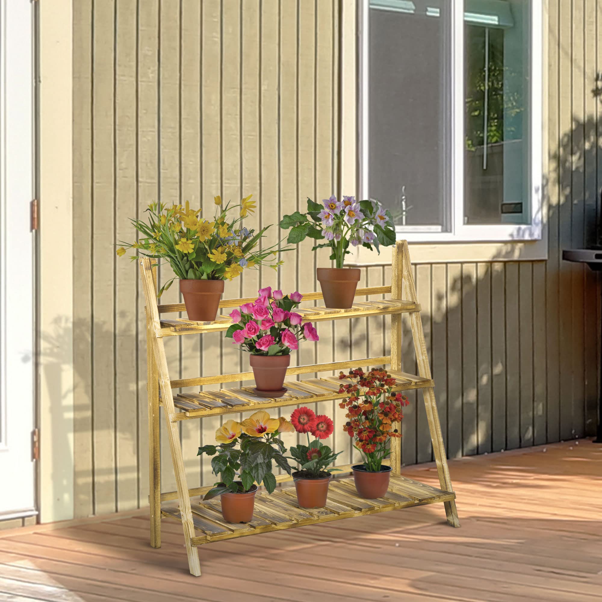Outsunny Portapiante Pieghevole da Esterno in Abete 3 Livelli 100x37x93cm | Portavasi, Scaffale per Piante, Portafiori, Legno