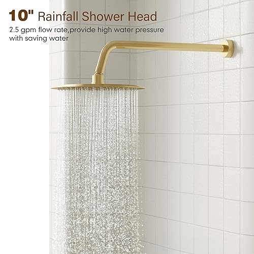 Miniatura 3 de Gabrylly Sistema de ducha dorado, juego de grifo de ducha con ducha de lluvia de 10 pulgadas y de mano, juego de ducha con válvula y desviador