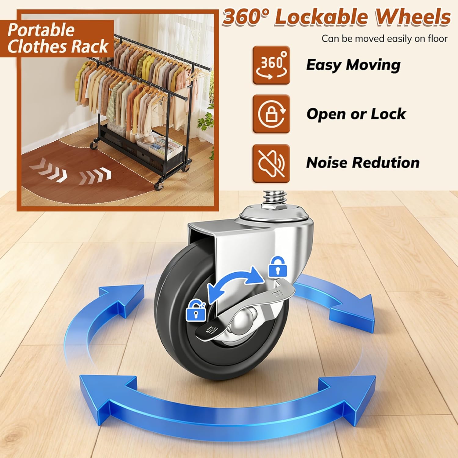 Clothes Rack, Double Rods Clothing Rack, Clothing Racks for Hanging Clothes, Rolling Clothes Rack with Storage Basket & Heavy Duty Wheels, Garment Rack for Bedroom, Laundry Room, Black