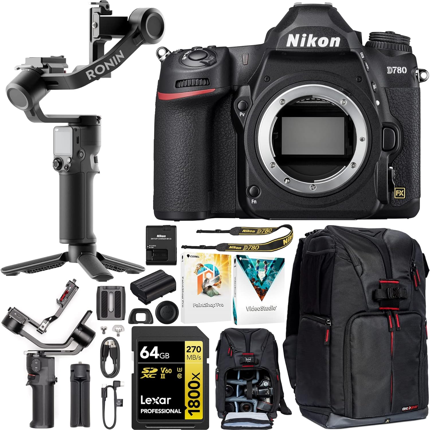 Nikon D780 Full Frame DSLR 4K FX Format Camera Body 1618 Filmmaker’s Bundle Including DJI RS 3 Mini Gimbal Stabilizer Kit + Deco Gear Photography Backpack + 64GB High Speed Card & Software