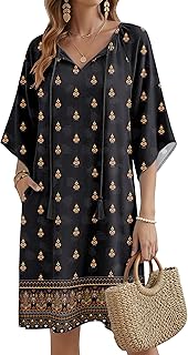 Bohemian Kleider Damen Strandkleid Sommer Tunika Kleid Leichte Sommerkleider Luftige Strandtunika mit Taschen