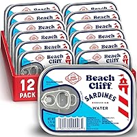 Vista 1 de Beach Cliff Sardines in Water, 3.75 oz Can (Pack of 12) - Wild Caught Sardines - 12g Protein per Serving - Gluten Free, Keto Friendly