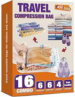 Travel Essentials Compression Bags, 12 Clothes Bags and 4 Shoe Bags for Cruise Luggage Accessories (16-Travel)