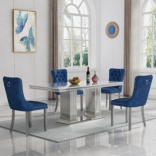 Miniatura 39 de Juego de mesa de comedor de 7 piezas, color blanco y plateado, mesa de cocina moderna de mármol sintético de 68 pulgadas con 6 sillas tapizadas Mesa