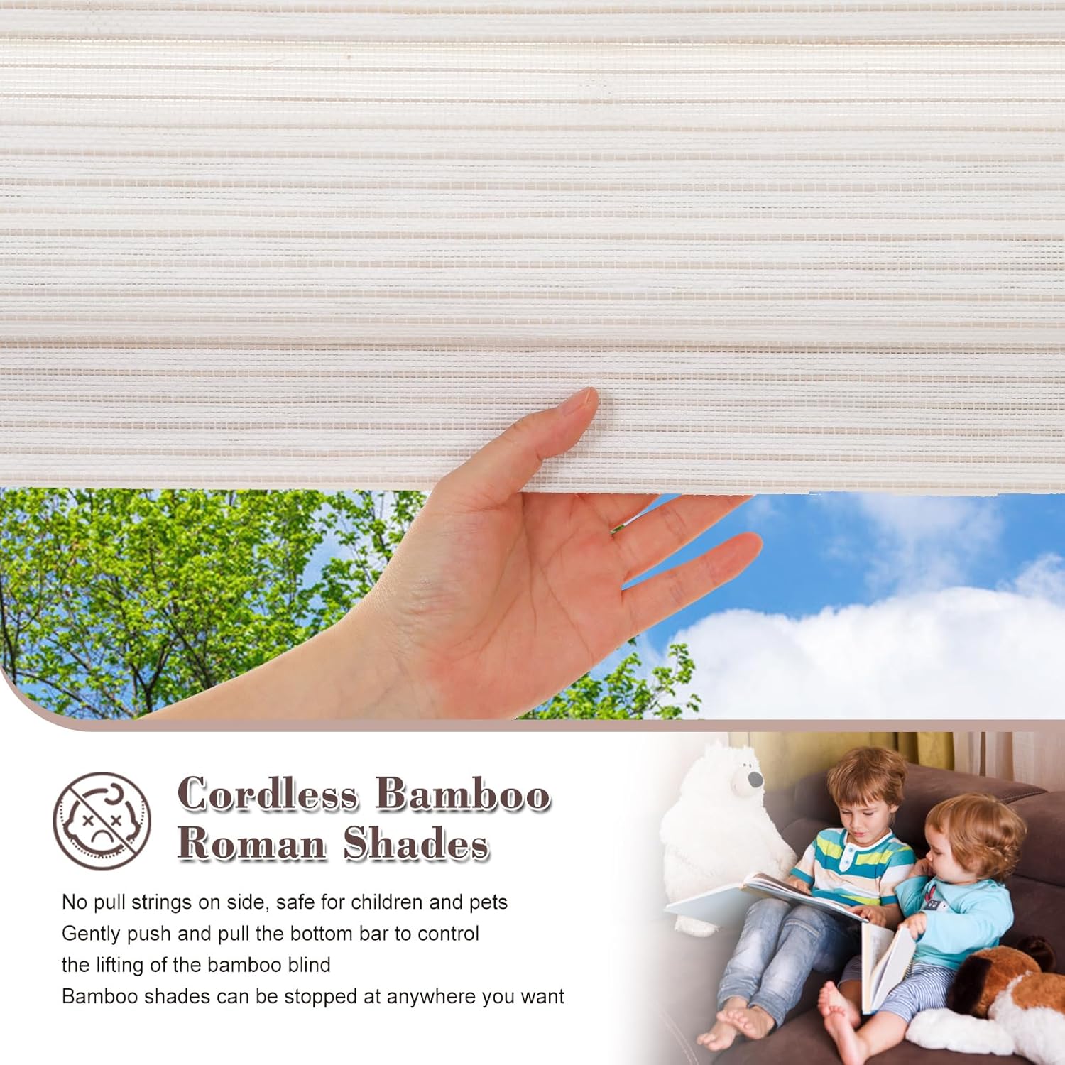 SUAKY Cordless Roman Shades Window Blinds, Blackout Shades with Lining, Natural 100% Bamboo and Linen Window Blinds, Bamboo Shades for Windows, Home, Color ML90-1