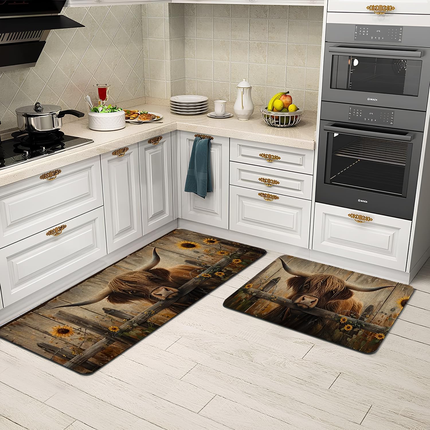 Farmhouse Kitchen Rugs Sets of 2 Non Slip Washable, Country Rustic Brown Highland Cow Kitchen Mats for Floor 2 Piece Home Decor