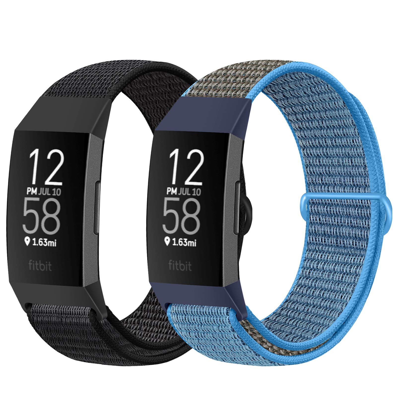 AVOD Nylon Watch Bands Compatible with Fitbit Charge 4/Charge 3/SE, Soft Replacement Wristband Breathable Sport Strap with Band for Women Men (Dark Black+Ocean Blue)