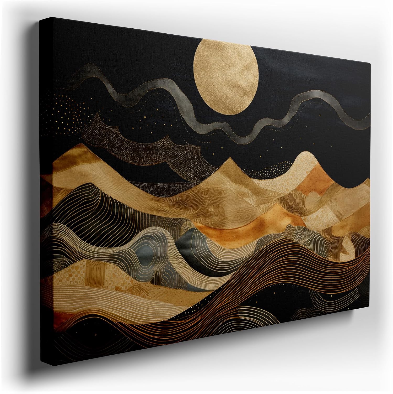 Canvas for Living Room. Lunar Brilliance Over Golden Terrains: A Journey Through Abstract Nightscapes, 27 x 18 inch Canvas Wall Art - Ready to Hang