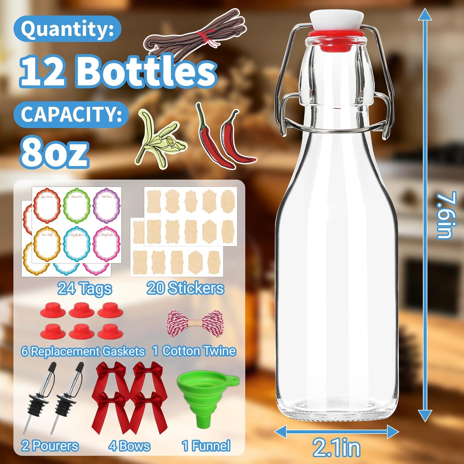 BIGIVACA 12 Pack 8oz Swing Top Glass Bottles – Flip Top Bottles with Stoppers for Vanilla Extract, Kombucha, Kefir, Home Brewing, Fermentation & Gifting, Includes 6 Extra Seals & 2 Pourers