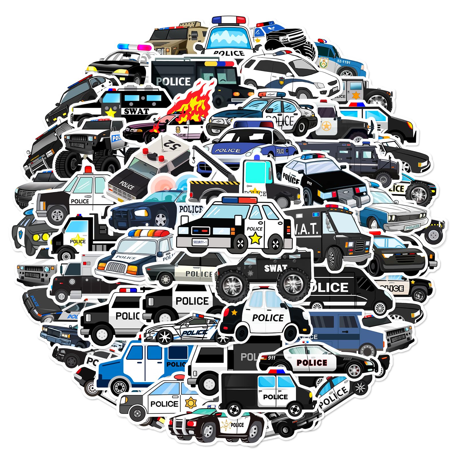 50Pcs Police Car Stickers Laptop Car Scrapbook Phone Skateboard Suitcase Luggage Bike Police Car Stickers Vinyl Waterproof Aesthetic Personalised Stickers for Teens Boys Girls Adults