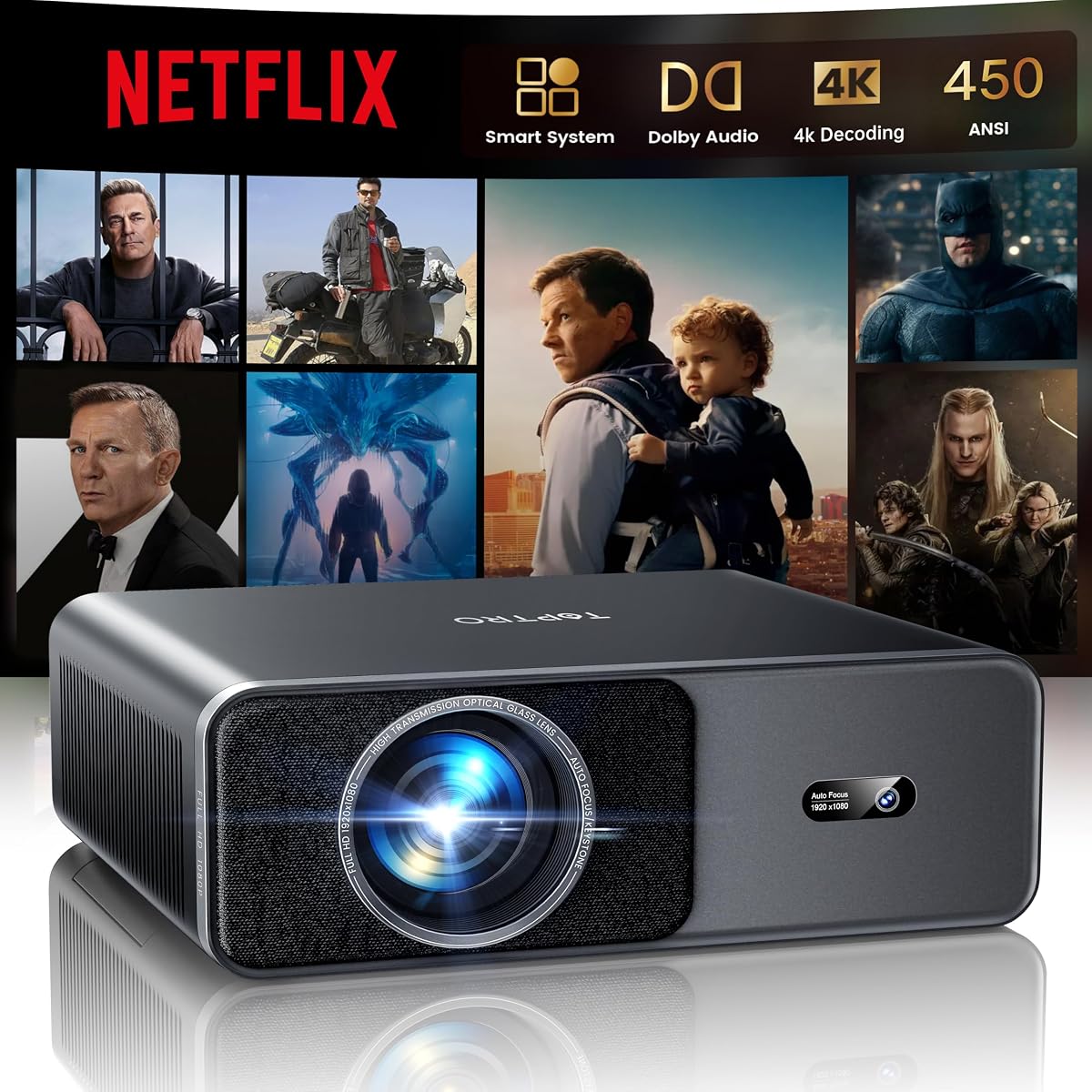 Smart Projector 4K with High ANSI|Compatible with Netflix|AI Auto Focus & Keystone|20W Dolby Audio, Portable Projecteur with WiFi6 and 2-Way Bluetooth, TOPTRO A1 1080P Proyector for Outdoor Movie/Home