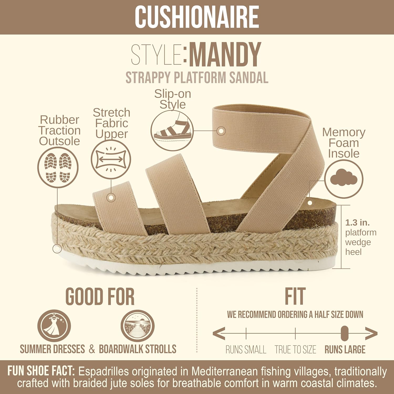 CUSHIONAIRE Mandy Wedge Sandals for Women – Strappy Platform Sandals with Arch Support, Cute Summer Espadrille-Style Platform Dressy Slip-On