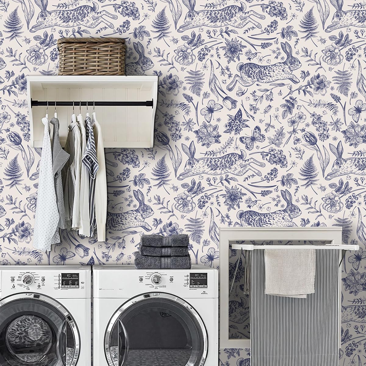 Blue Hand Drawn Sketch Line Wallpaper,17.71 "x 118.1" Rabbit Butterfly Flower Leaf Wall Contact Paper, Vinyl Removable Self Adhesive Wall Paper for Bathroom Kitchen Bedroom Study Room Living Room