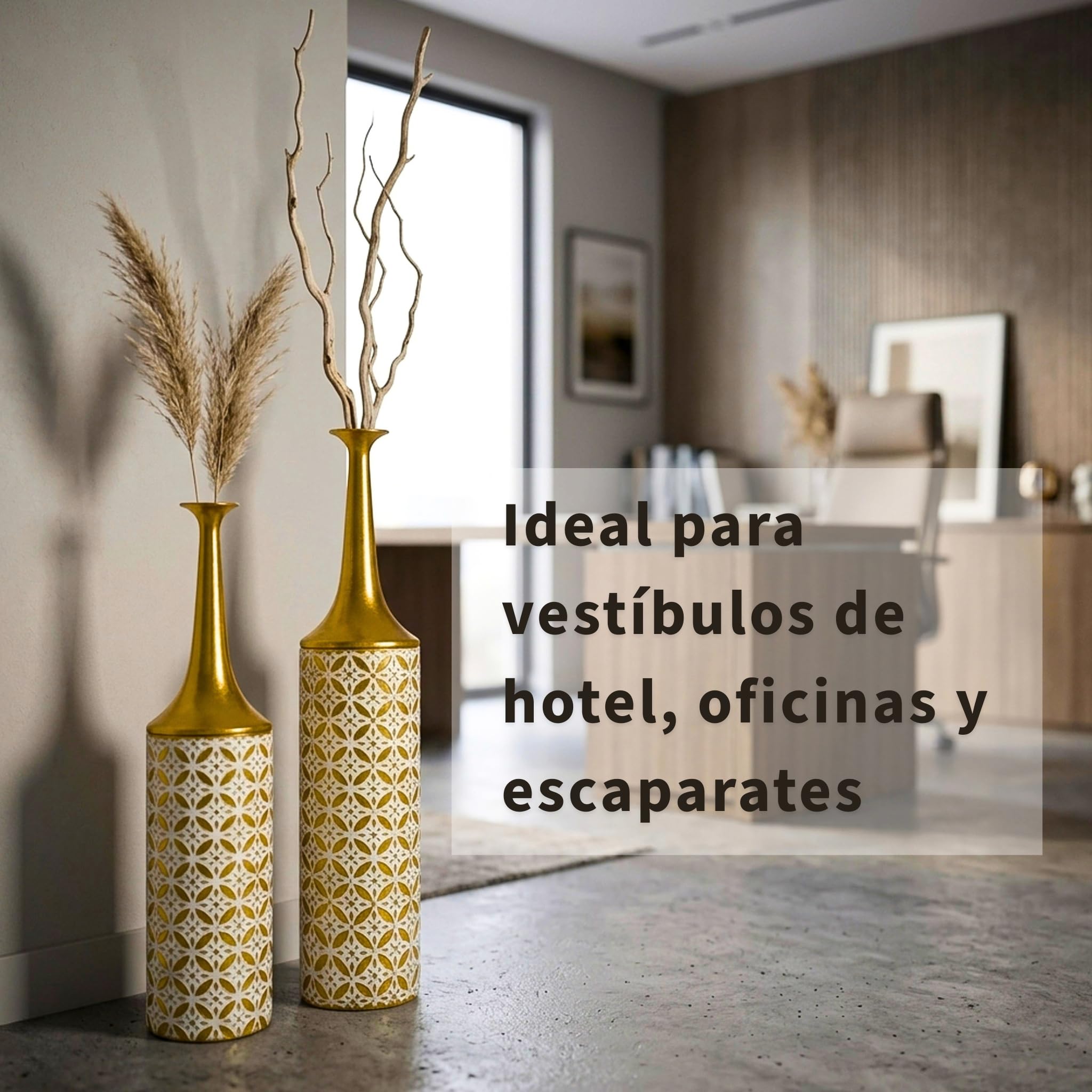 Leewadee Set de 2 Grandes Jarrones de Suelo Metal para Pampa | 2 Jarrones Deco para el Salón, en pareja junto a chimenea & TV para Pampa & ramas. Irrompible, sin astillas