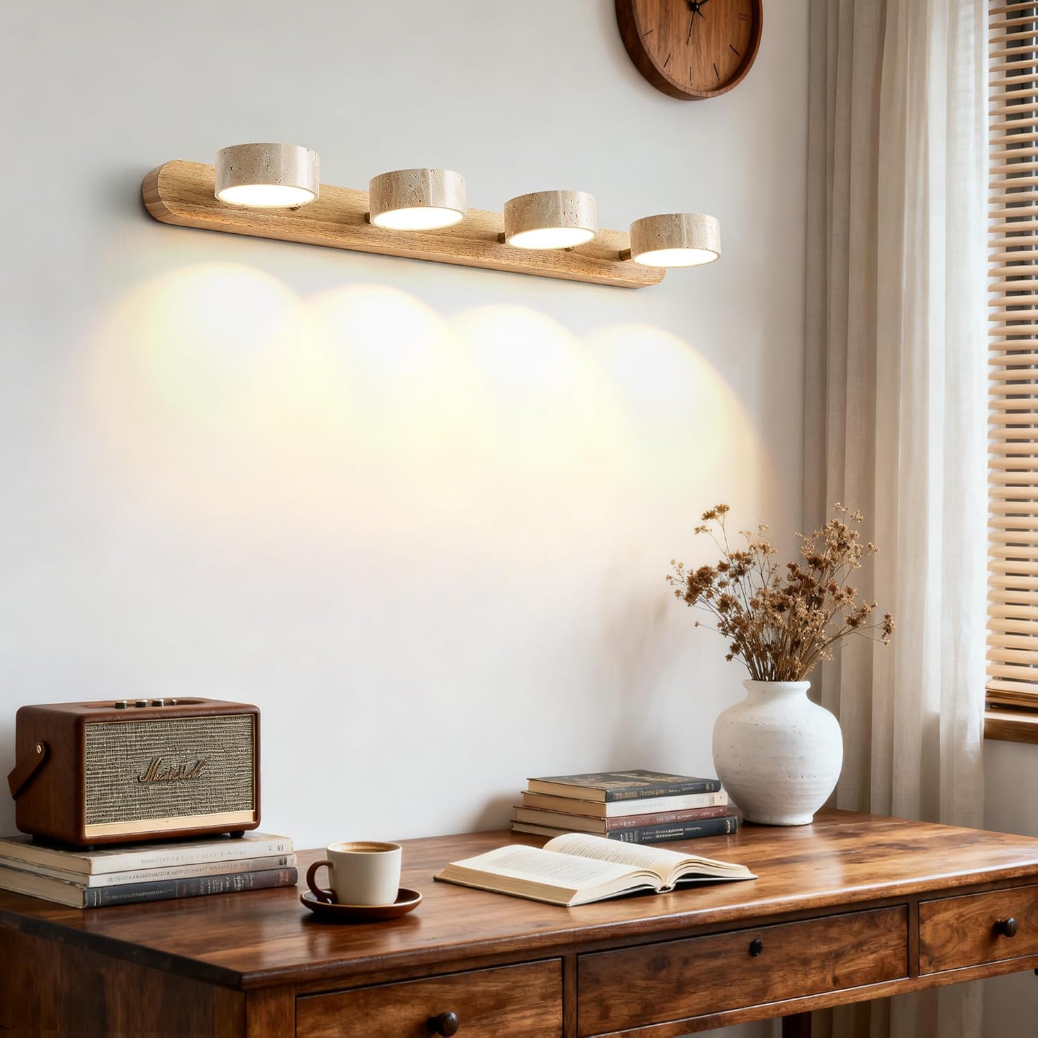 Farmhouse Wood Vanity Light, LED Mirror Light with 4 Travertine Stone Shades, 300° Rotatable Modern Rustic Vanity Lights Fixture Wall Lamp for Bathroom Bedroom Living Room Hallway