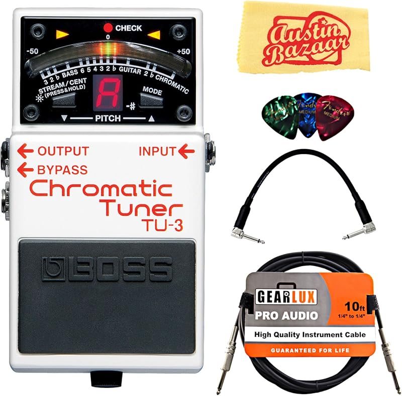 TU-3 Chromatic Tuner Bundle with Gearlux Instrument Cable, Patch Cable, Picks, and Austin Bazaar Polishing Cloth