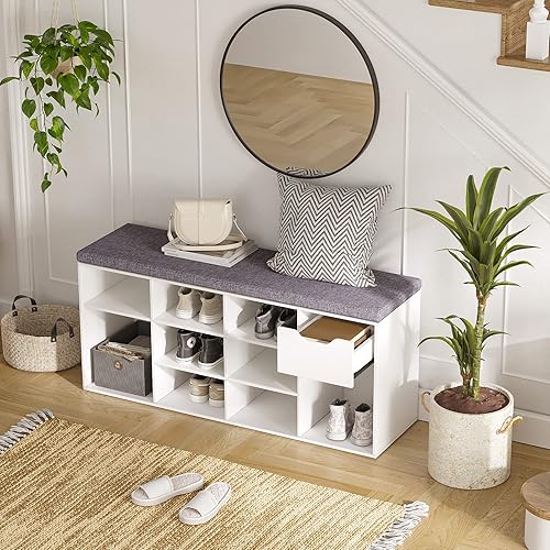 Miniatura 11 de DINZI LVJ Banco de zapatos, banco de almacenamiento de entrada con cajón y 8 cubículos, estantes ajustables, organizador de zapatos para sala de