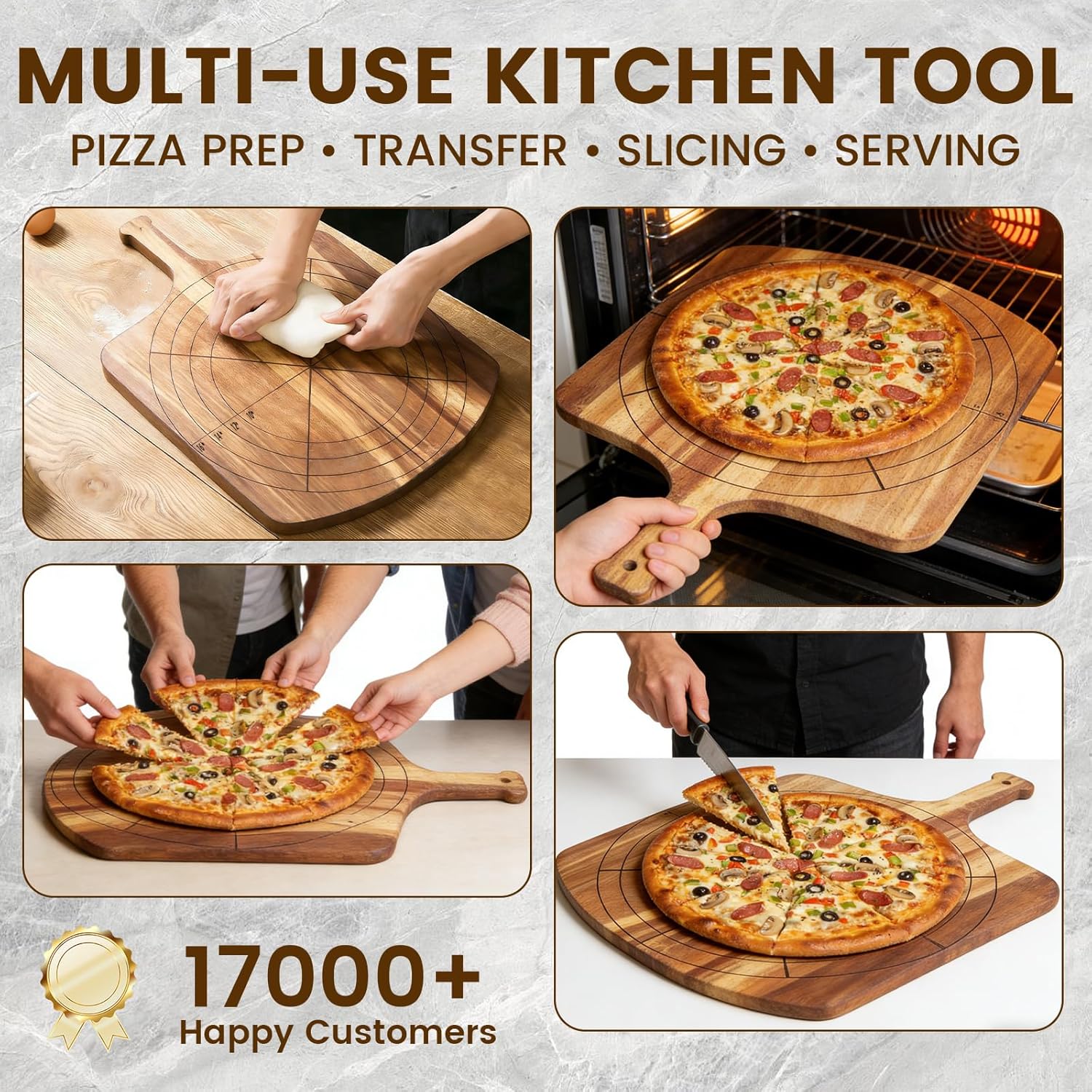 Wooden Pizza Peel 16 Inch, Large Acacia Pizza Paddle Spatula - Serving Board, with Size and Cutting Guide and Handle for Kitchen Oven Pastry Pizzas (16 inch)