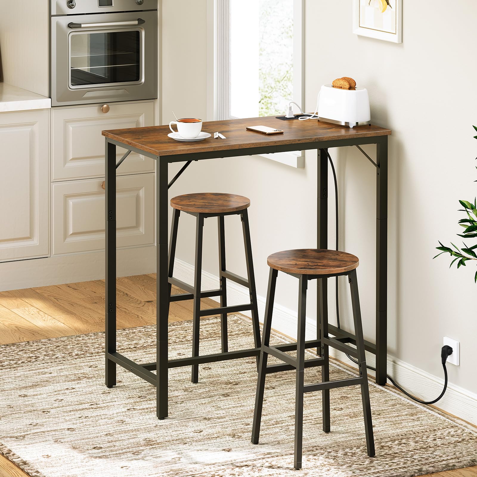 HOOBRO Bartisch mit Ladestation, Küchentisch, rechteckiger Stehtisch, untere Querstrebe, dreieckige Stützstruktur, Langer schmaler Bartisch, Vintage-Stil, rustikales Braun EBF90CBT01