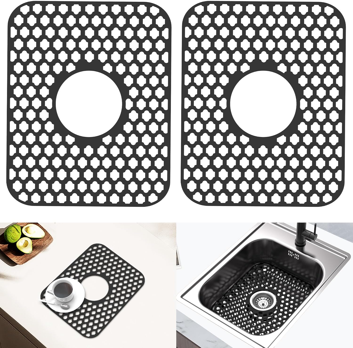 Silicone Sink Protector for Kitchen Bathroom Sink, 2 Pack 13.58"x 11.6" Heat-resistant Mat, Non-Slip and Durable Silicone Protectors, Center Drain (Black)