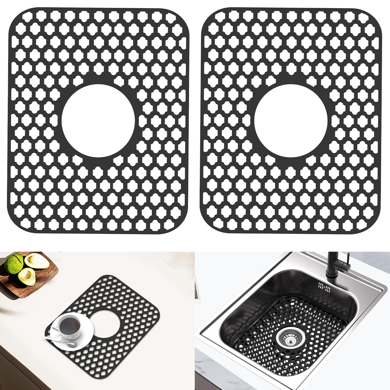 Paquete de 2 protectores de silicona para fregadero de cocina y baño, 13.58 x 11.6 pulgadas, resistentes al calor, protectores de fregaderos antideslizantes y duraderos, de silicona, drenaje