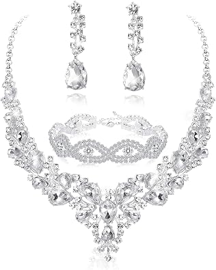 FIASASO Silver Bridal Jewelry Set for Women Rhinestone Wedding Necklace Bracelet Dangle Earrings for Bride Bridesmaid Prom Jewelry Accessories