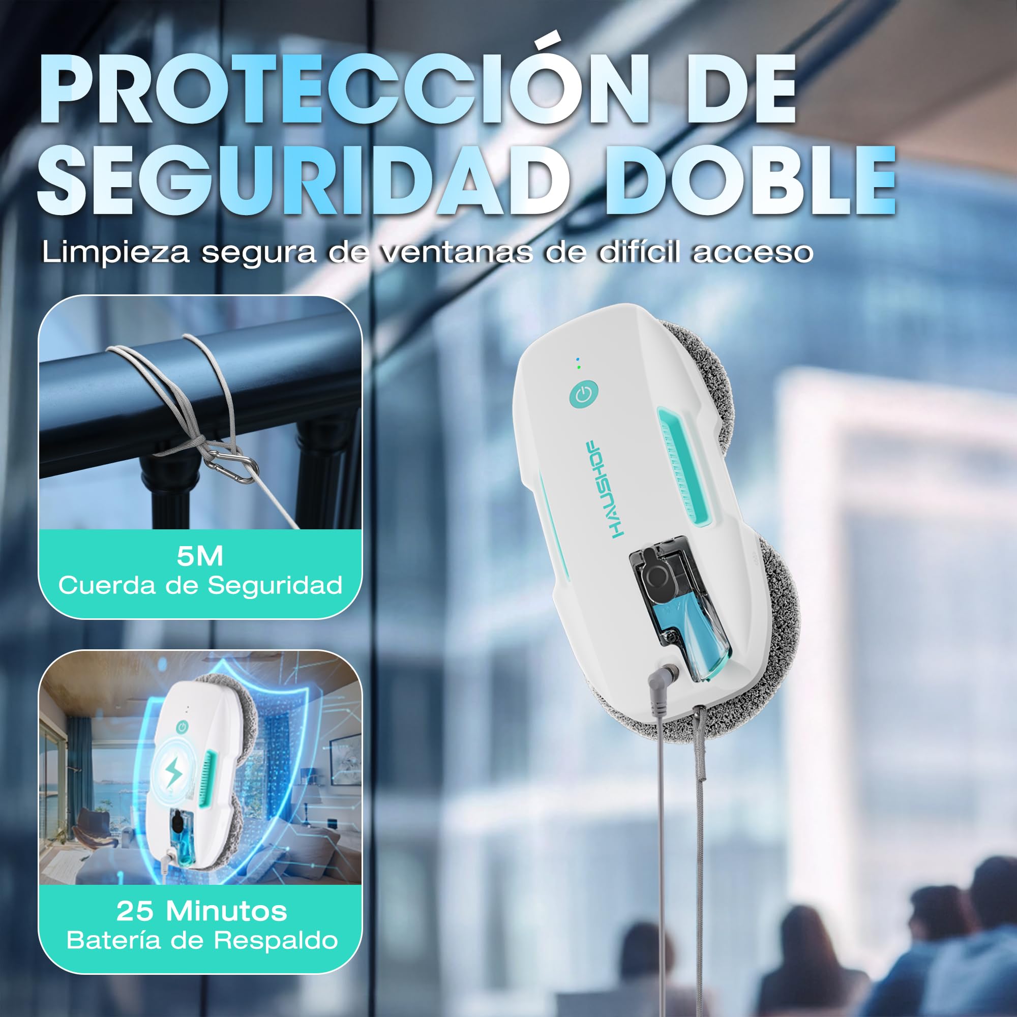 HAUSHOF Robot Limpiacristales, Limpia Cristales Electrico Ventanas, Robot Limpia Ventanas con Succión de 3800Pa, Limpiador Eléctrico de Ventanas con Control Remoto, Detección de Bordes