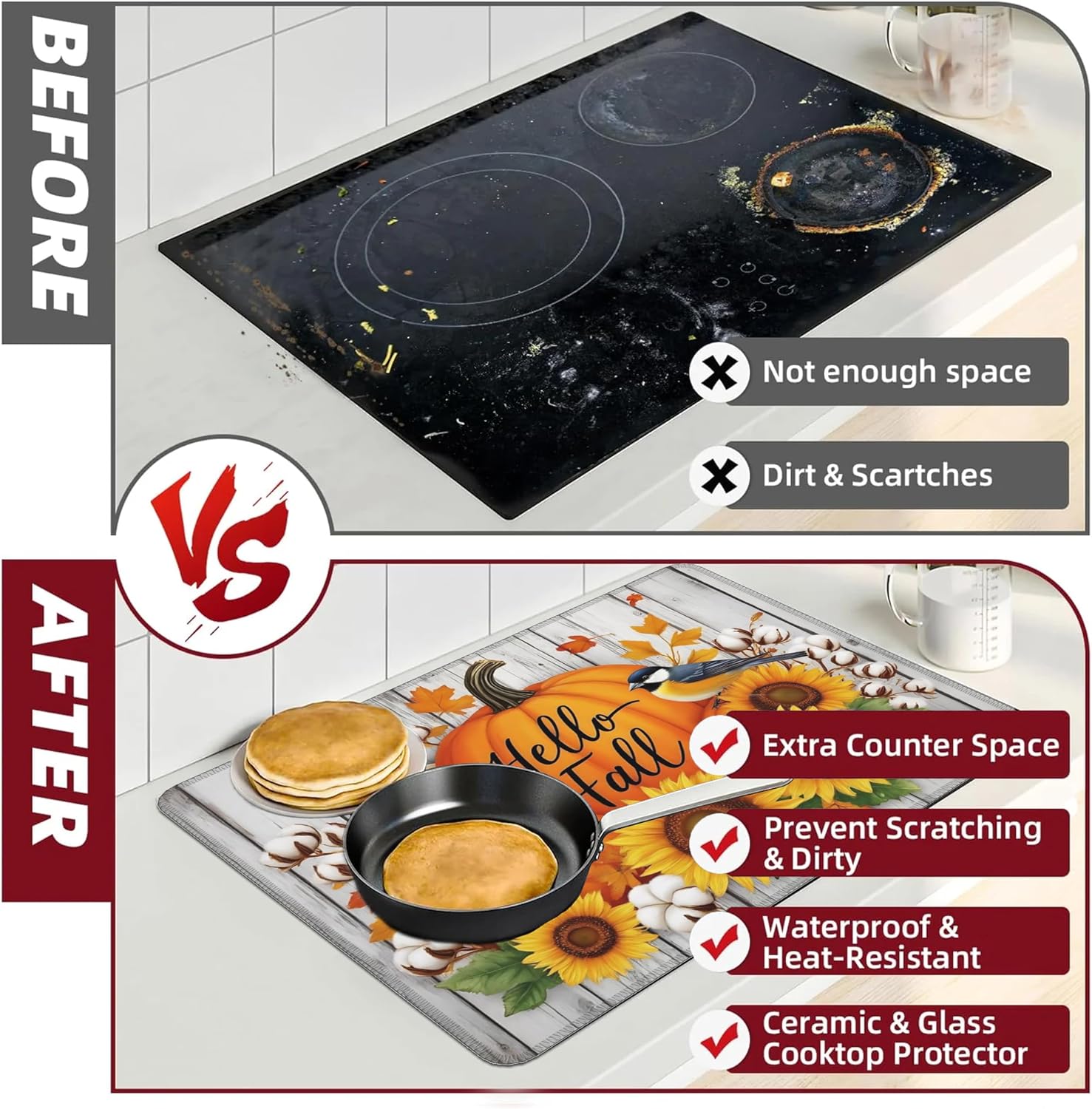 Fall Stove Top Cover for Electric Stove 28" x 20" Autumn Sunflowers Pumpkin Glass Flat Heat-Resistant Top Stove Mat for Kitchen Ceramic Countertop Oven Induction Cooktop
