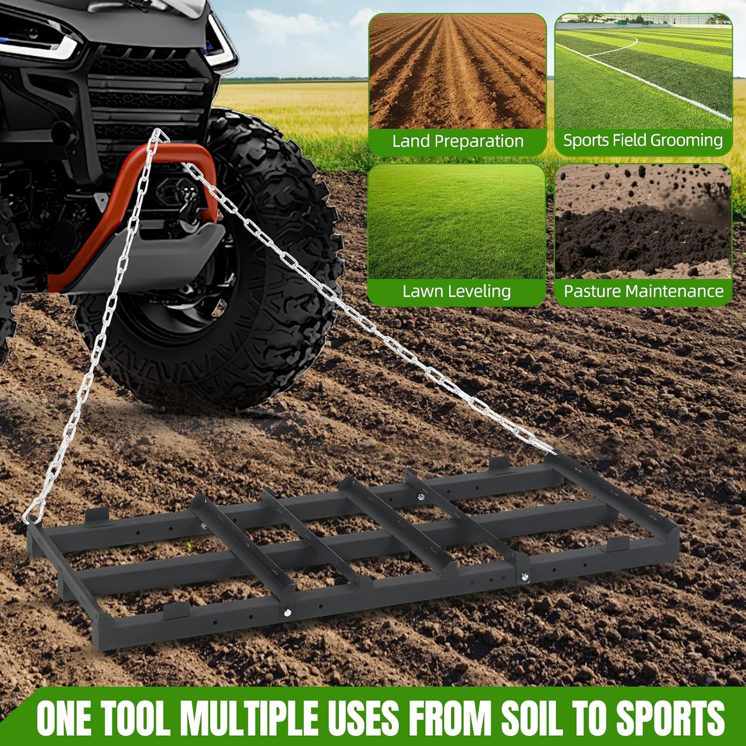6FT Drag Harrow for ATV UTV, Heavy Duty Driveway Gravel Leveler with Adjustable Weight Bars, Tow Behind Landscape Rake for Mower Tractor, Lawn Yard Lawn Rake, Soil Sand Leveling Tool