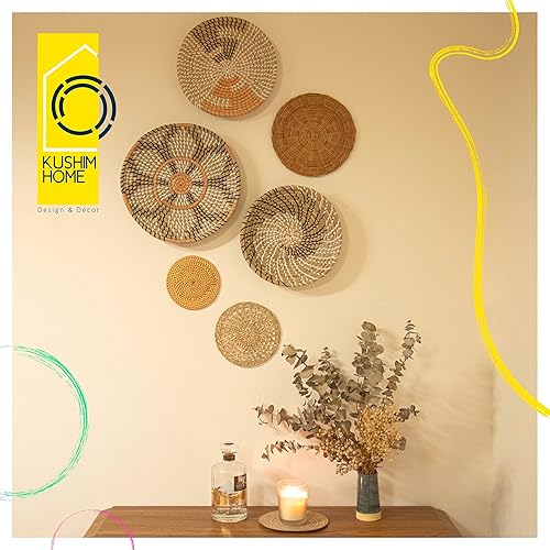 Miniatura 5 de KushimHome - Juego de cestas colgantes de pared, decoración de mimbre estilo bohemio grande, decoración de pared de hierba marina tejida de bambú,