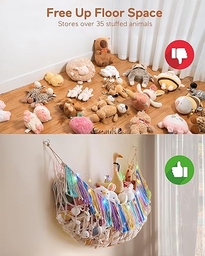 Miniatura 5 de Hamaca de red para animales de peluche con luces, almacenamiento extragrande para colgar en la pared, juguetes de peluche y osos de peluche, hamaca