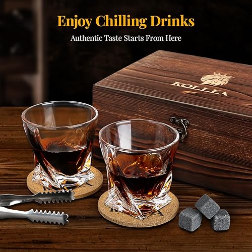 Miniatura 5 de Kollea Vasos de whisky y piedras de whisky, juego de 2 vasos de whisky con 8 rocas de whisky, vasos de whisky en caja de regalo de madera, regalo de