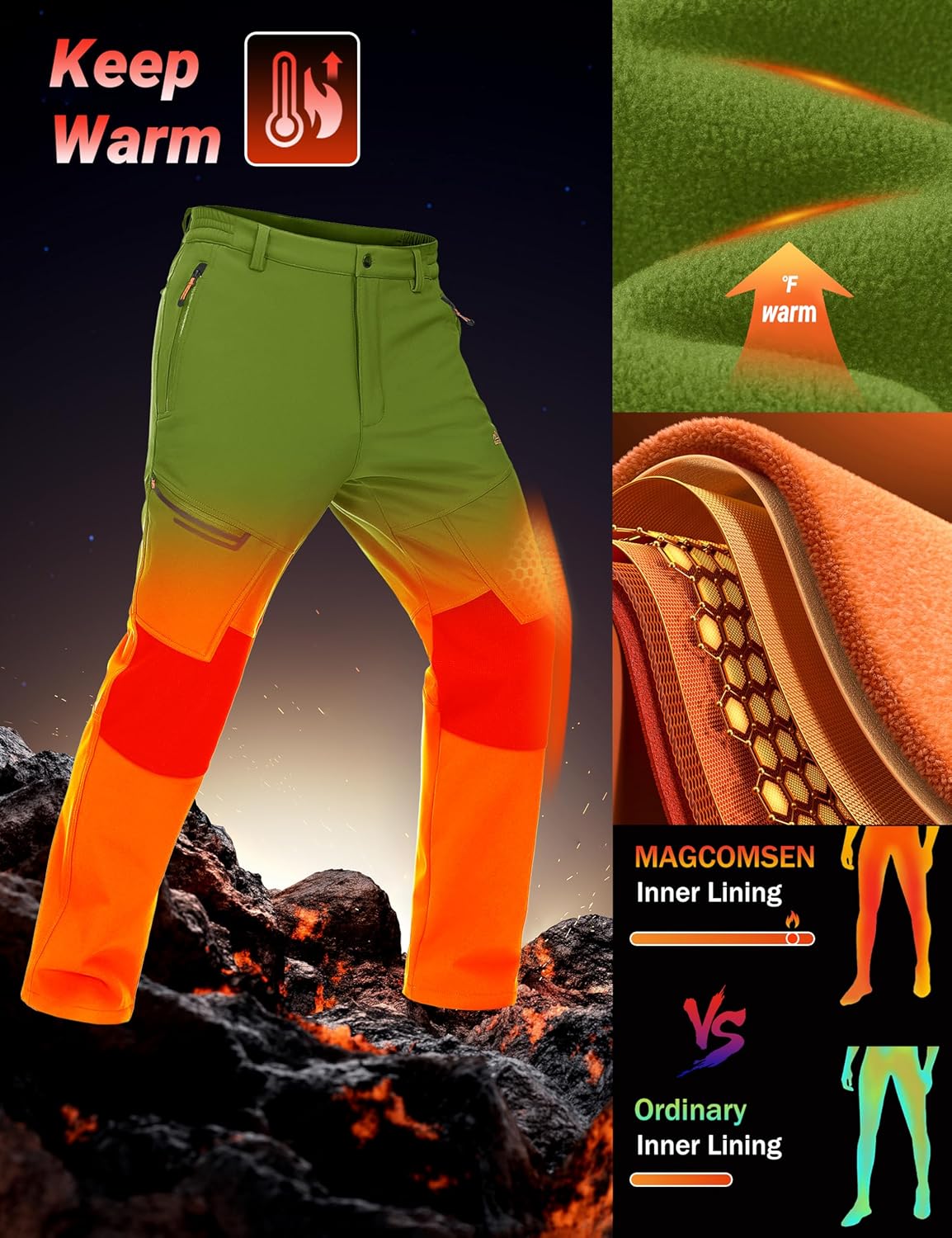 MAGCOMSEN Men's Winter Pants Fleece Lined Ski Snow Pants Water Resistant 4 Zip Pockets Outdoor Pants - Image 3