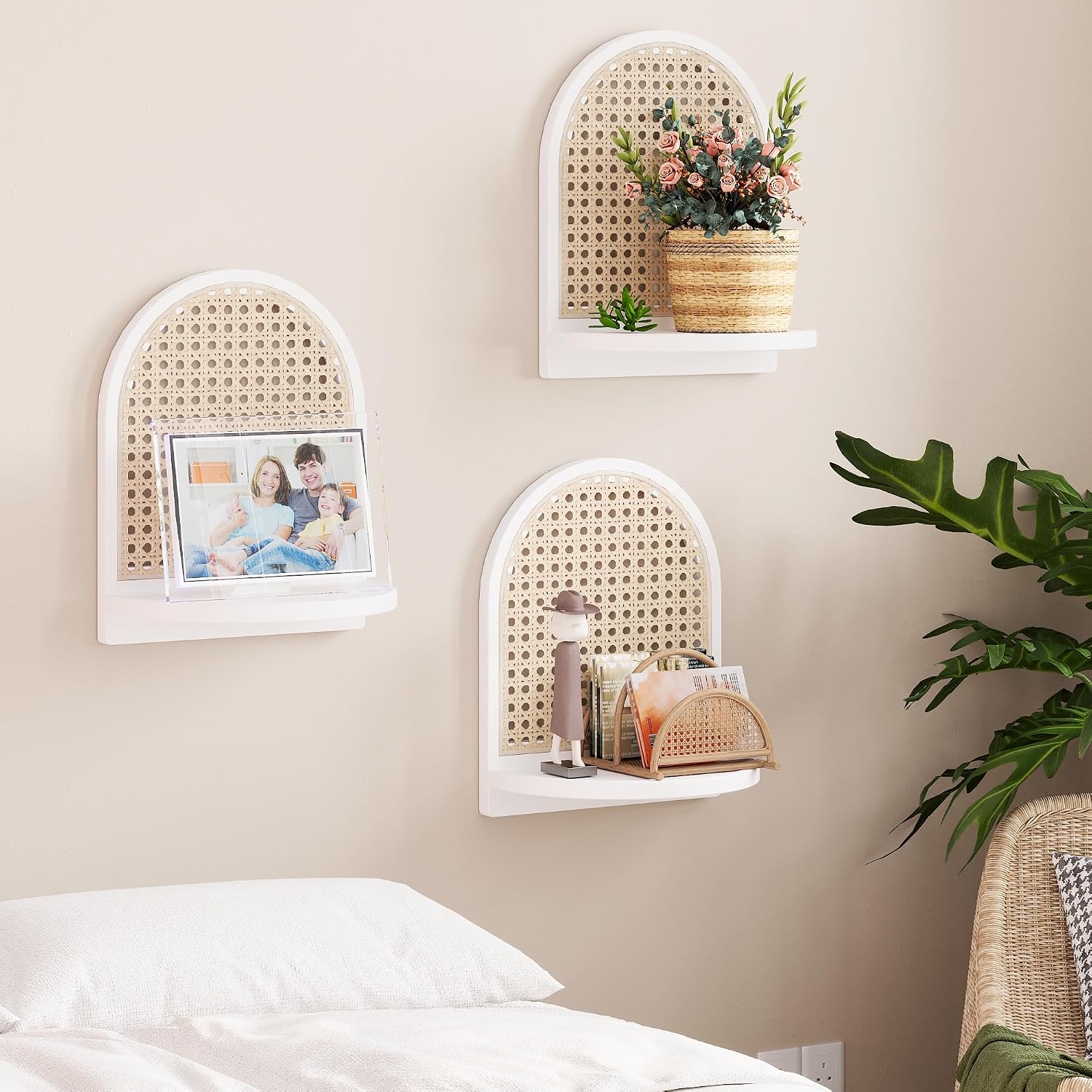 Rattan Wall Shelf Set of 3, 7''White Rattan Shelves with Wicker Decor, Boho Decor Small Floating Shelves for Wall, Arched Shelf for Plant Figurines Display,Mini Shelves for Knick Knack Storage image 2