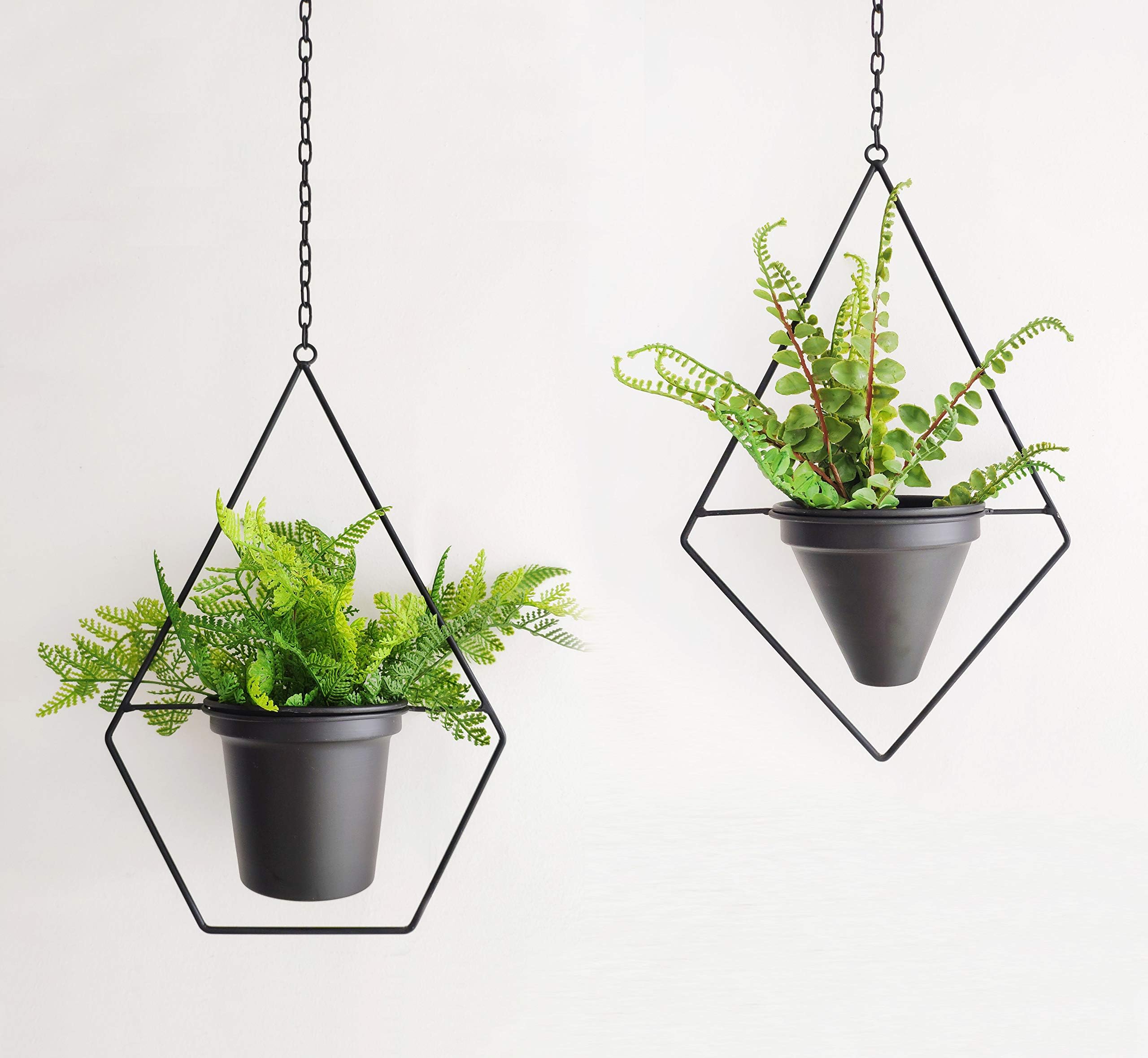 RISEON Set of 2 Boho Metal Plant Hanger,Metal Round Hanging Planter, Modern Planter, Mid Century Plant Holder, Minimalist Planter for Indoor Outdoor Home Wedding Decor (Black)