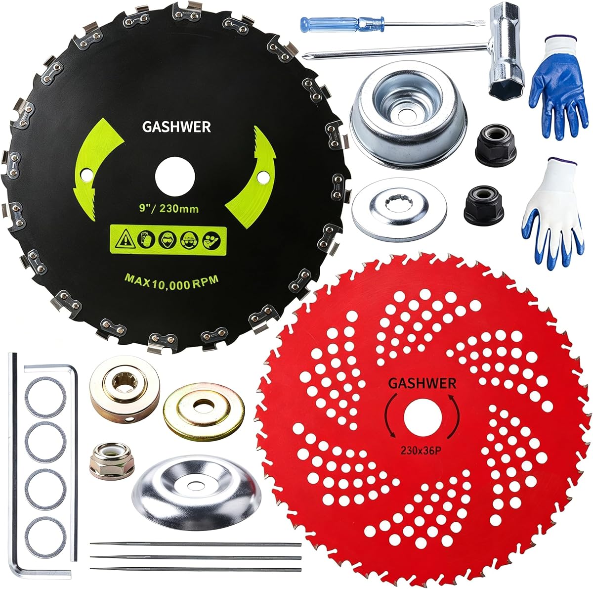 Gashwer Weedeater Brush Cutter Blade W/Adapter Kit, 9" x 36T Carbide Tipped Blades, 9" x20T Carbon Steel Round Chainsaw Tooth Saw Blades, Compatible with Husqvarna, Stihl, Ego, Oregon, Hitachi Trimmer