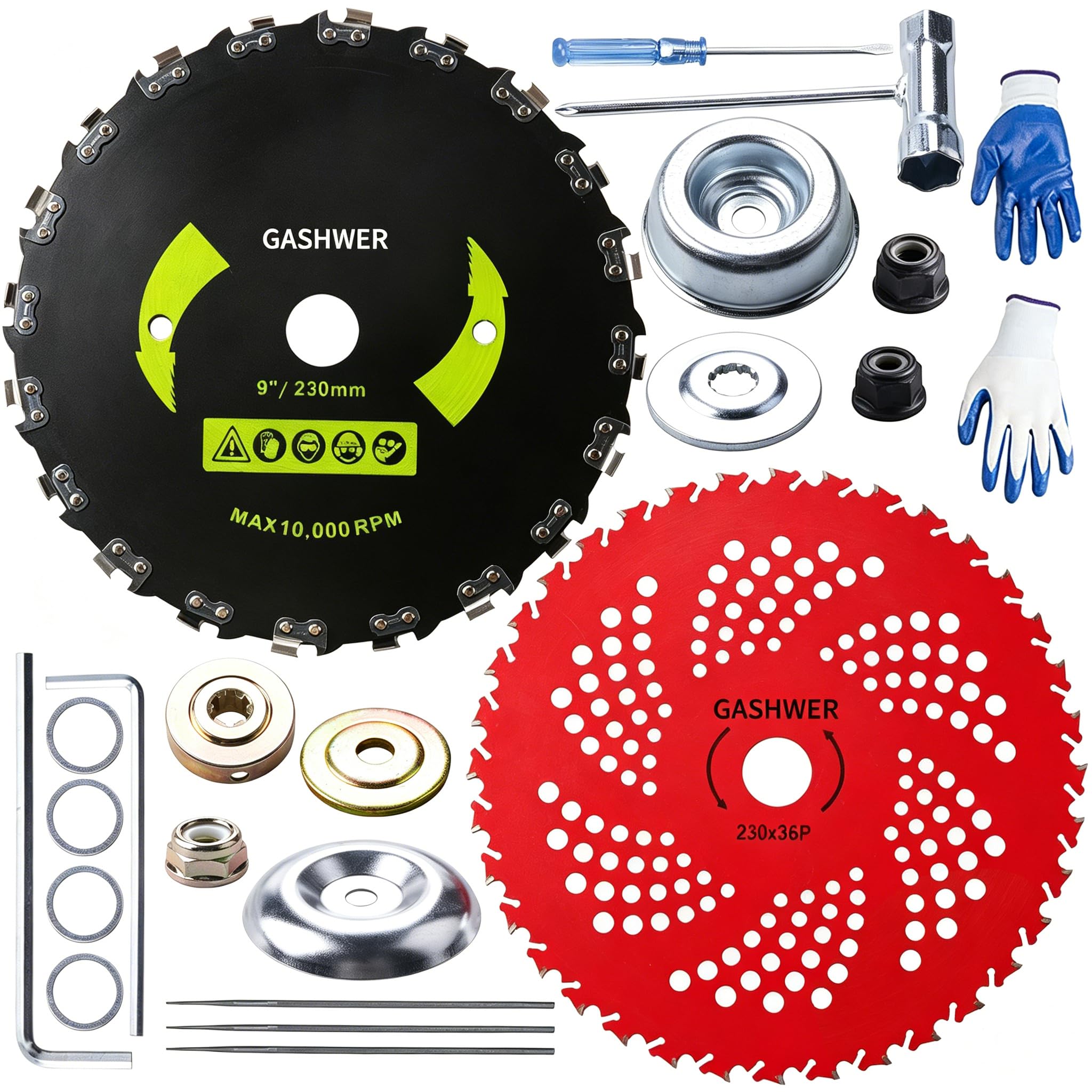 Gashwer Cuchillas con punta de carburo de 9 x 36 dientes y cuchillas redondas de acero al carbono de 9 pulgadas x 20T con kit de adaptador universal compatible con cortador de cepillos, recortadora,