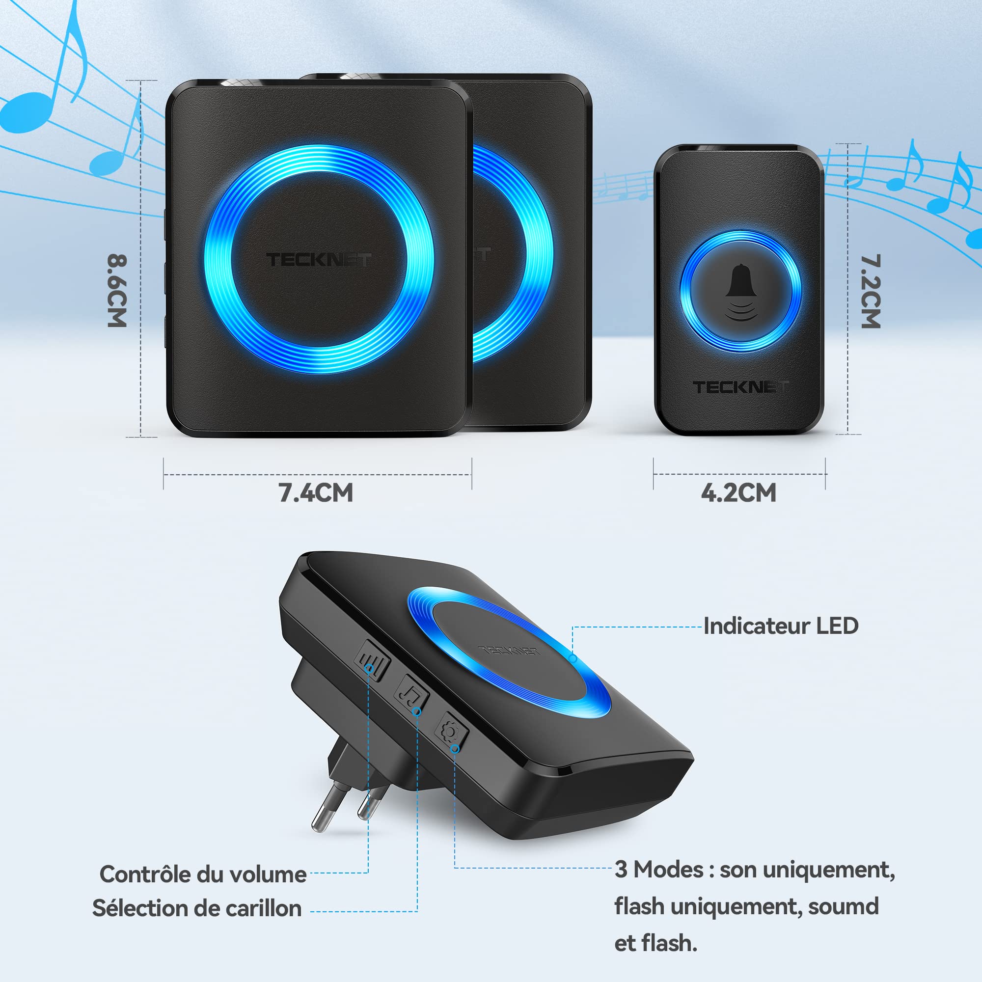 TECKNET Sonnette sans Fil, IP65 Exterieur Étanche Carillon 400 Mètres Two Récepteur Sonnette Electronique, 60 Mélodies 5-Niveaux LED Bleu, pour Maison, Hôtel, Urgence