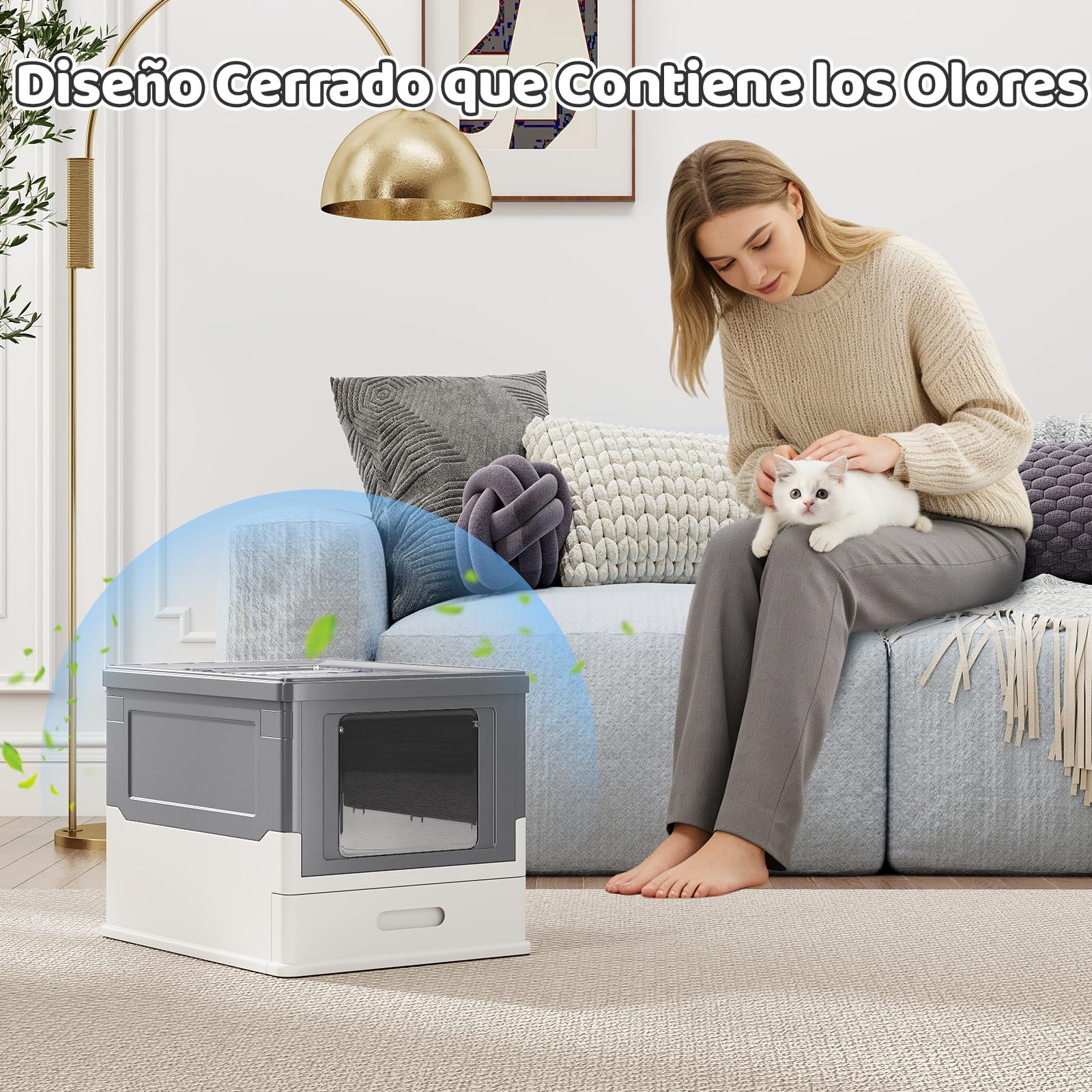 COSTWAY Arenero para Gatos Cubierto, Caja de Arena para Gatos Grande con Entrada Frontal y Salida Abatible, Bandeja Portátil, Cajón, Arenero Cerrado Plegable para Gato, 50x38x37 cm (Gris + Blanco)