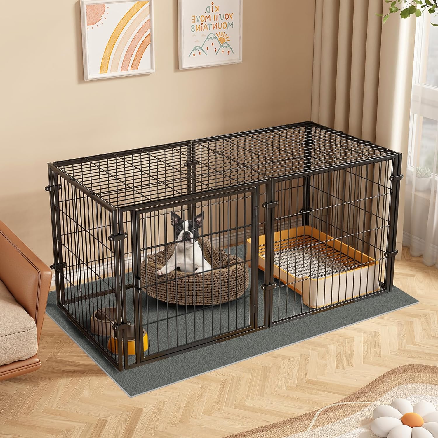 XPIY 59-inch metal dog crate with a small dog inside, placed on a mat in a living room setting.
