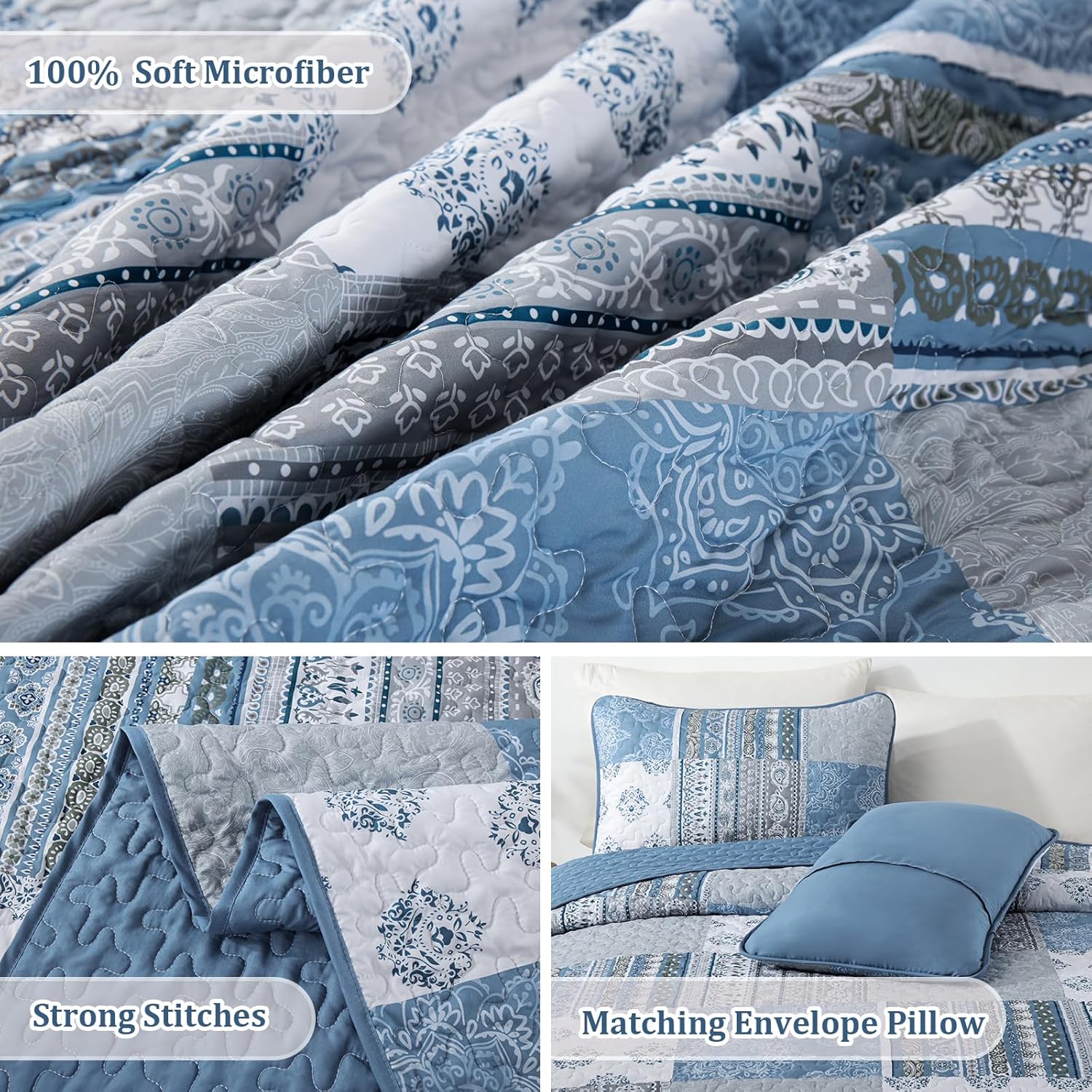 Dintszyayue Boho Quilt Set King Size Patchwork Bedspread Coverlets, Blue/Gray Bohemian Plaid Quilt Bedding Set Soft Microfiber Summer Bedding Bedspread Set, 110''x90''