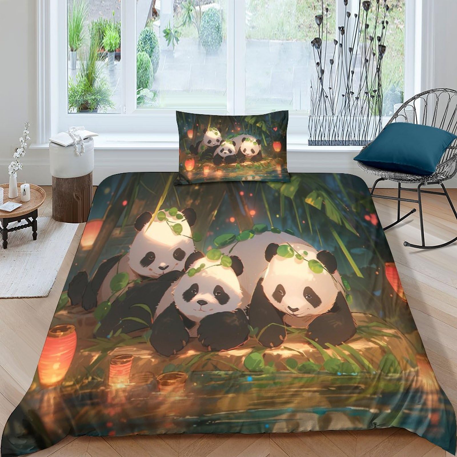 Housse de couette panda 135x200 cm avec taie d'oreiller pour parure de lit enfant